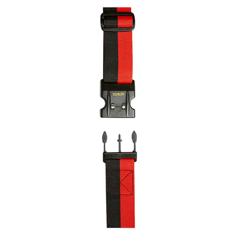 Red and black strap with a clip on a white background