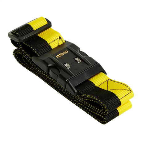 Yellow and black strap with a black buckle on a white background