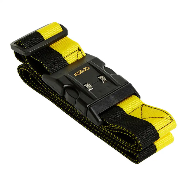 Yellow and black strap with a black buckle on a white background