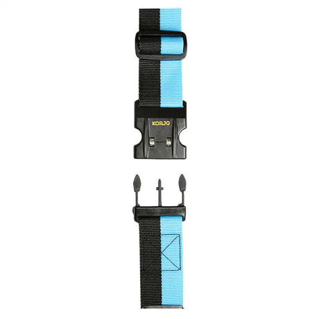 Black and blue strap with a clip on a white background
