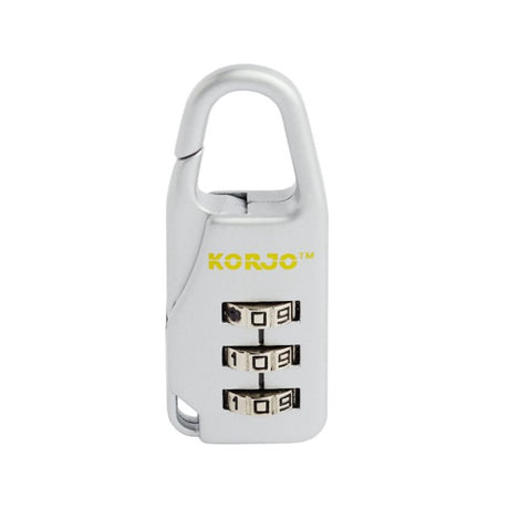 Silver combination lock with 'Korjo' branding on a white background