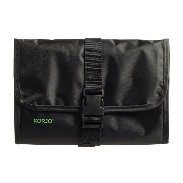 Black pouch with a strap and 'Korjo' branding on a white background