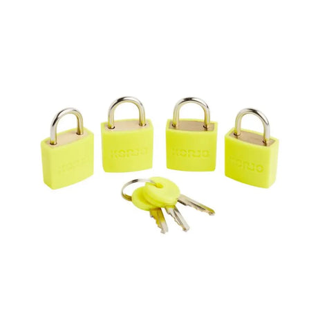 Four yellow locks with keys on a white background