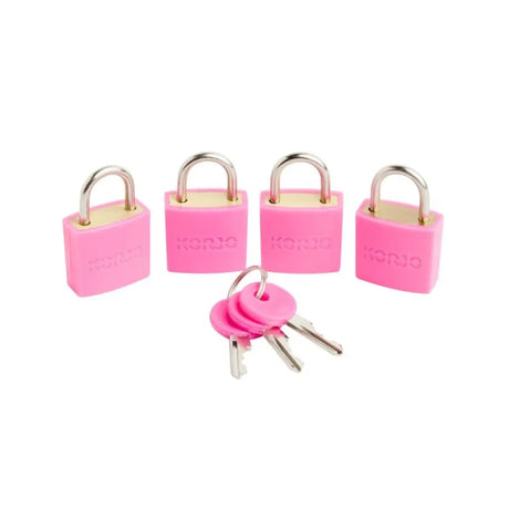 Set of four pink locks with keys on a white background