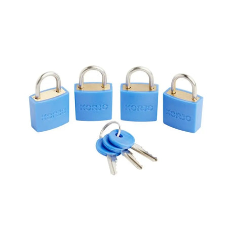 Set of four blue padlocks with keys on a white background