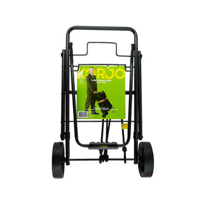 Black shopping cart with a green magazine featuring a man and dog on a white background