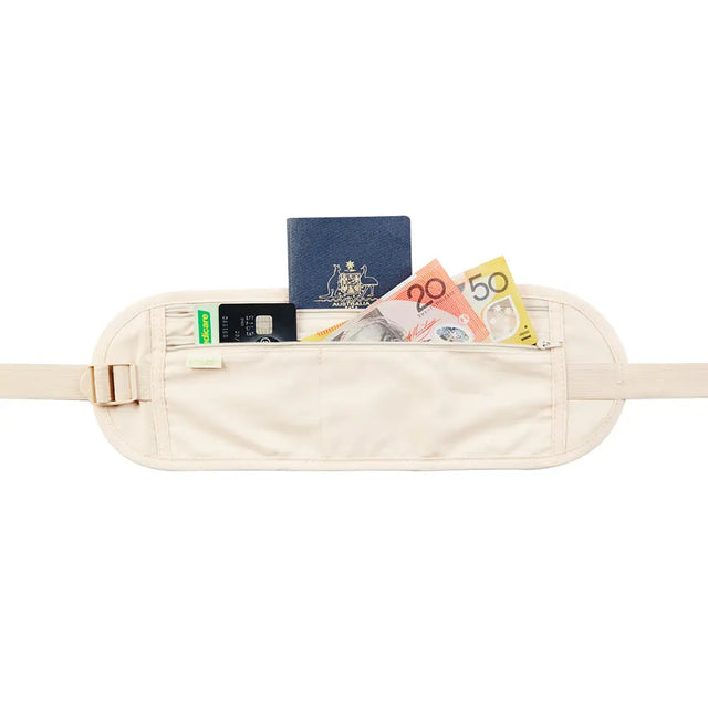 Beige waist bag with various cards and a passport on a white background