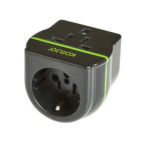 Black and green travel adapter with KORJO branding on a white background