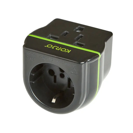 Black and green travel adapter with KORJO branding on a white background