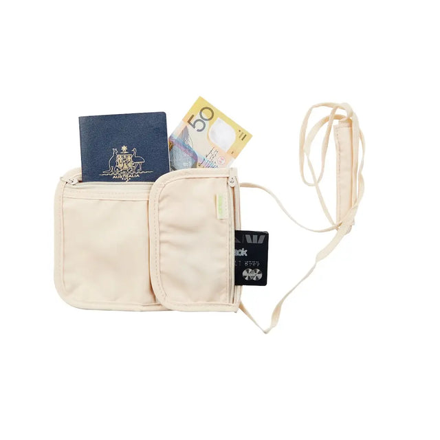 Beige travel wallet with passport, money, and card holder on a white background