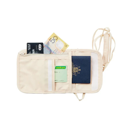 Beige travel wallet with various cards and a passport on a white background