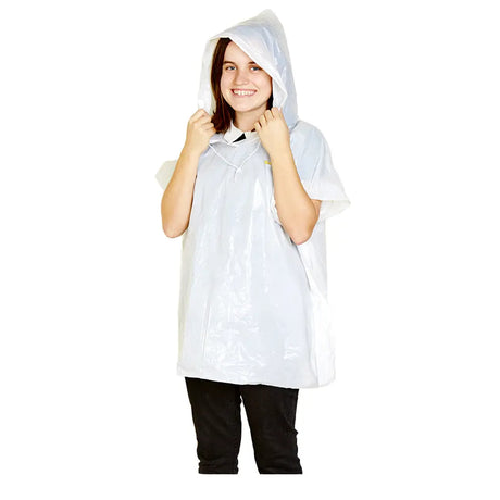 Person wearing a white rain poncho on a white background