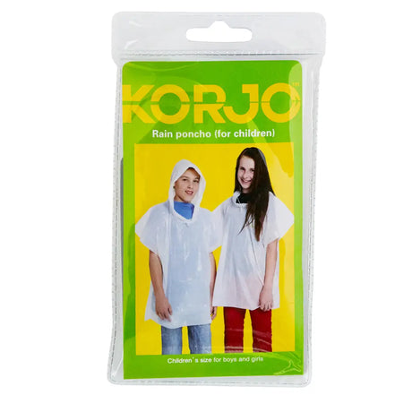 Korjo rain poncho packaging with two children wearing the ponchos on a yellow background.