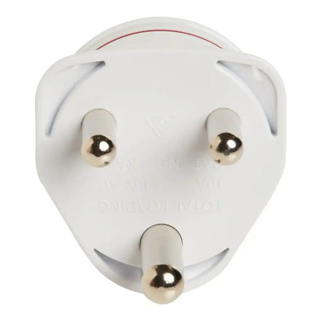 White electrical plug with three pins on a white background
