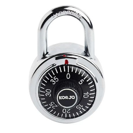 Metallic combination lock with visible brand name on a white background