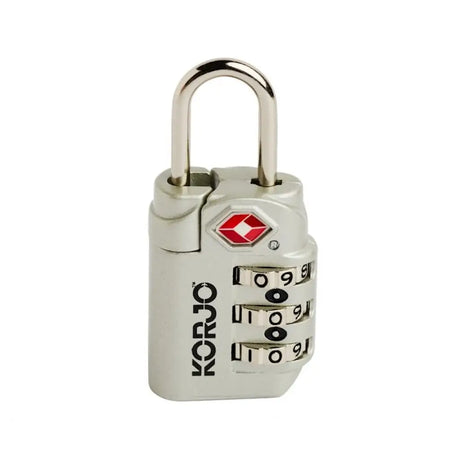 Silver combination lock with a visible brand logo on a white background