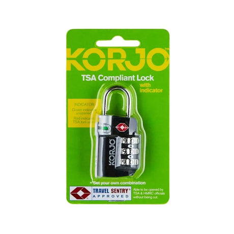 Korjo TSA compliant lock with indicator on green packaging