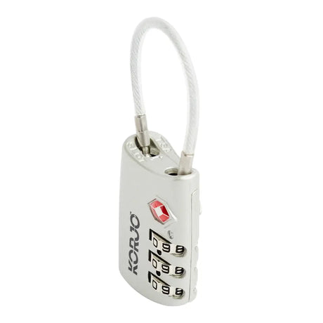 Silver combination lock with a white strap on a white background