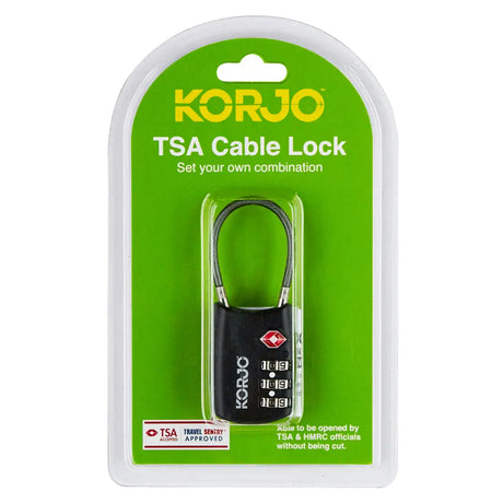 Korjo TSA cable lock in packaging with green background