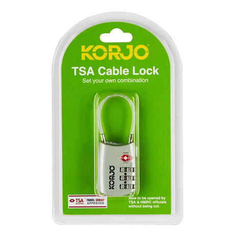 Korjo TSA cable lock in packaging with green background