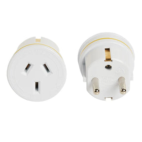 Two white travel plugs on a white background