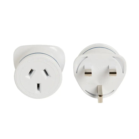 Two white travel plugs on a white background