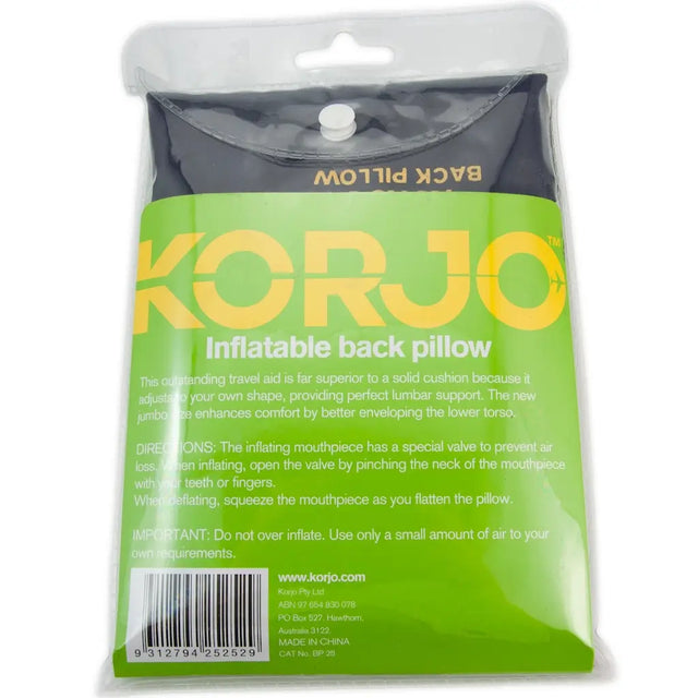 Korjo inflatable back pillow packaging on a white background