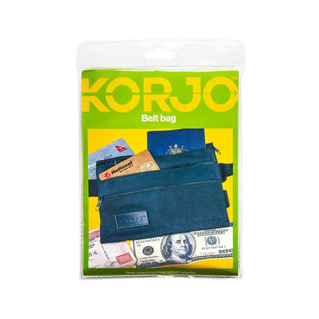Korjo belt bag packaging with images of money and travel documents on a white background