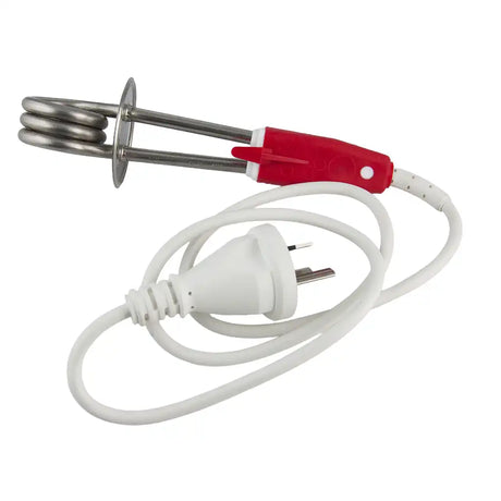 Electric immersion heater with red handle and white plug on a white background
