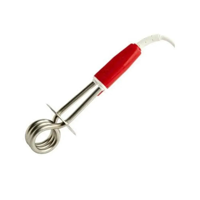 Metal immersion circulator with red handle on a white background