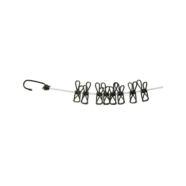 Set of black spring-loaded clothespins on a white background
