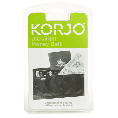 Korjo ultralight money belt packaging with visible money and brand name.