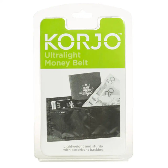 Korjo ultralight money belt packaging with visible money and brand name.