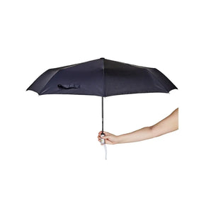 Black umbrella held by a hand on a white background