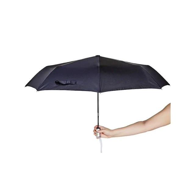 Black umbrella held by a hand on a white background