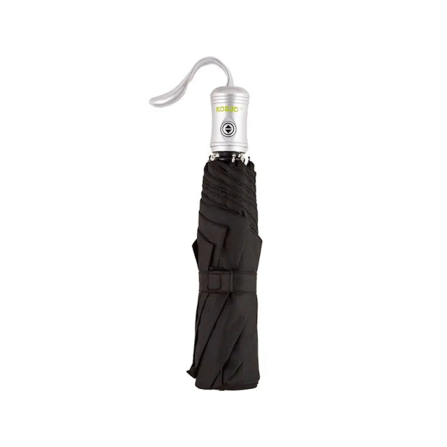 Black umbrella with a silver handle on a white background