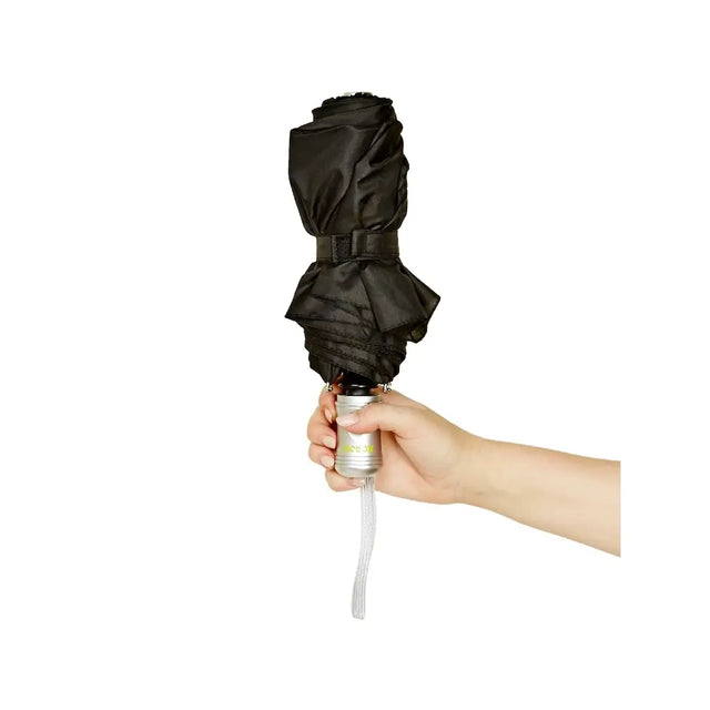 Hand holding a black umbrella on a white background