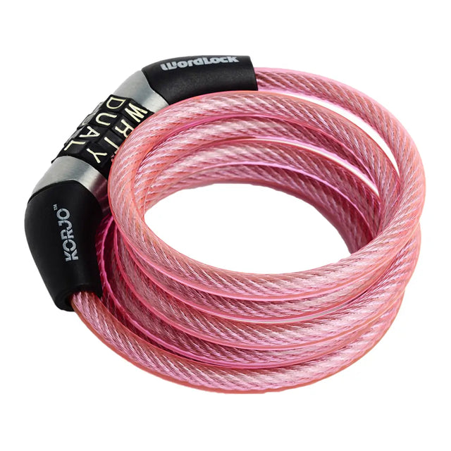 Pink bicycle lock with black and white branding on a white background