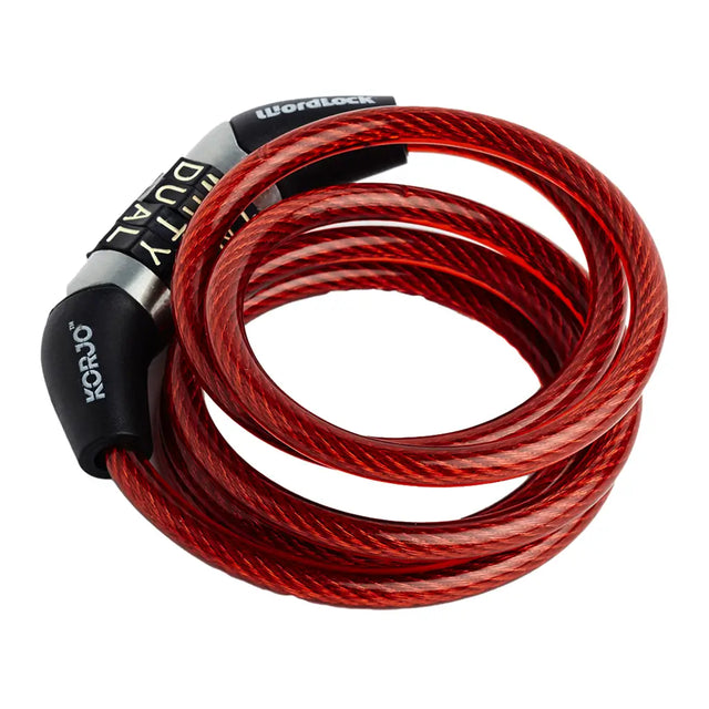Red braided cable lock with black and silver metal ends on a white background