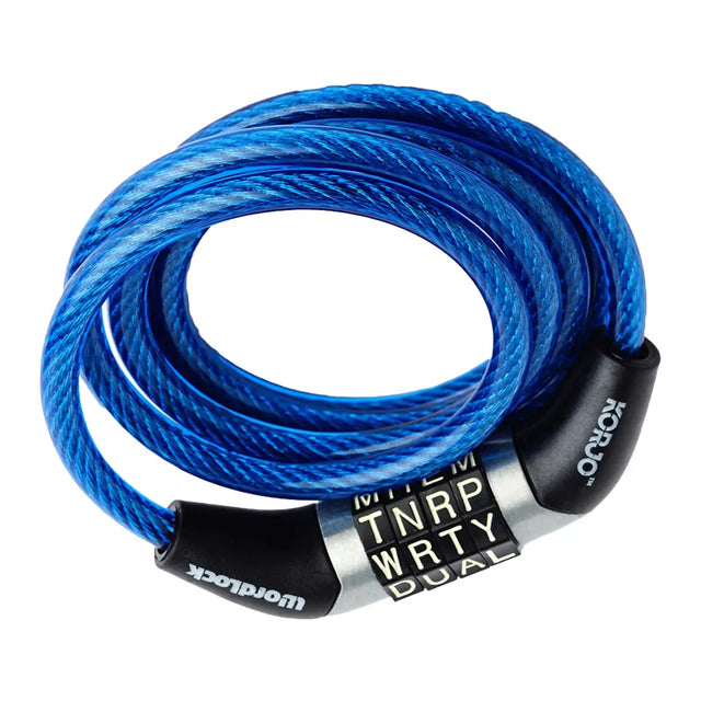 Blue coiled cable lock with a black and silver lock mechanism on a white background