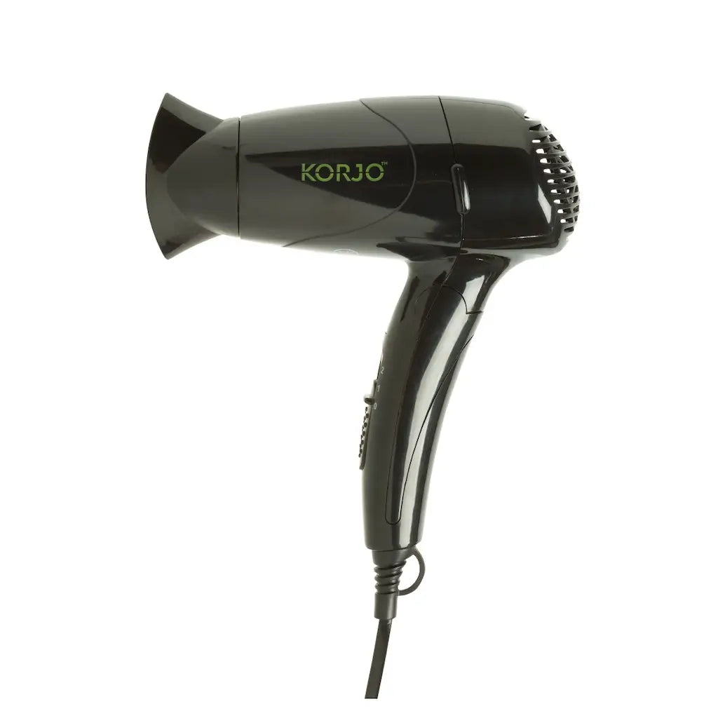 Black hair dryer with 'Korjo' branding on a white background
