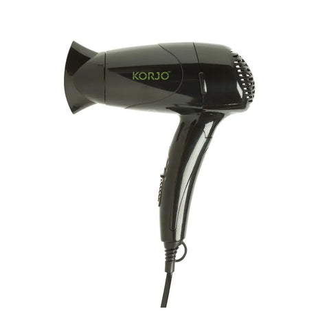 Black hair dryer with 'Korjo' branding on a white background