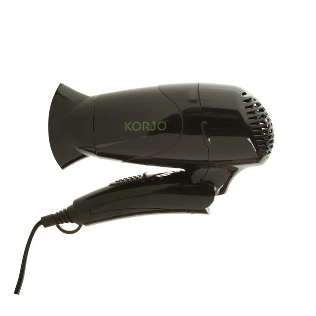 Black hair dryer with 'Korjo' branding on a white background