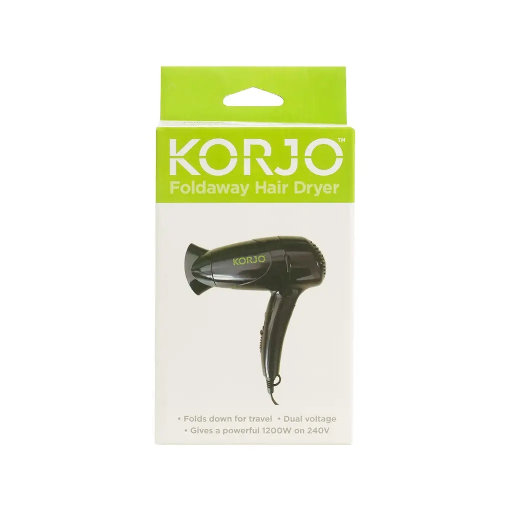Korjo foldaway hair dryer packaging on a white background