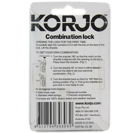 Korjo combination lock packaging with instructions and branding.