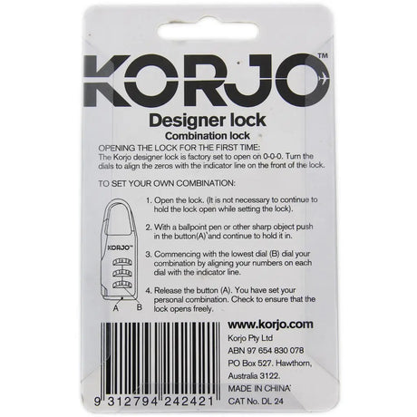 Korjo lock packaging with instructions and branding