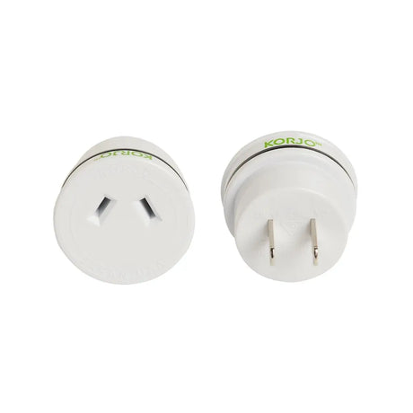 Two white plugs with 'Korjo' branding on a white background