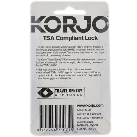 Korjo TSA compliant lock packaging with branding and product details.