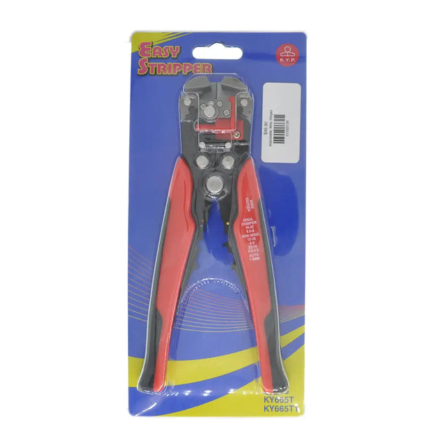 Red and black wire stripper tool in blue packaging with 'Easy Stripper' branding.