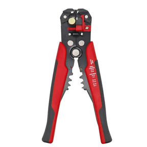 Red and black wire stripping pliers on a white background
